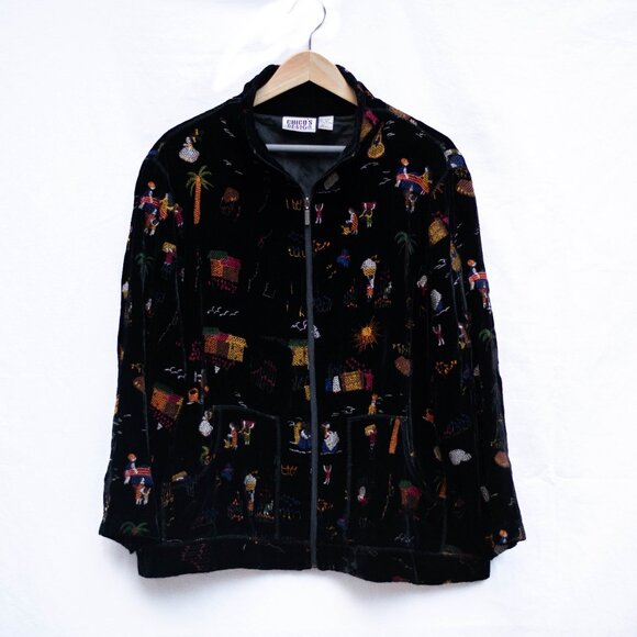 Vtg Y2K Chico's Design Velvet Blazer 3/XL/16 Embroidered Tropical Jacket Silk - Picture 6 of 9